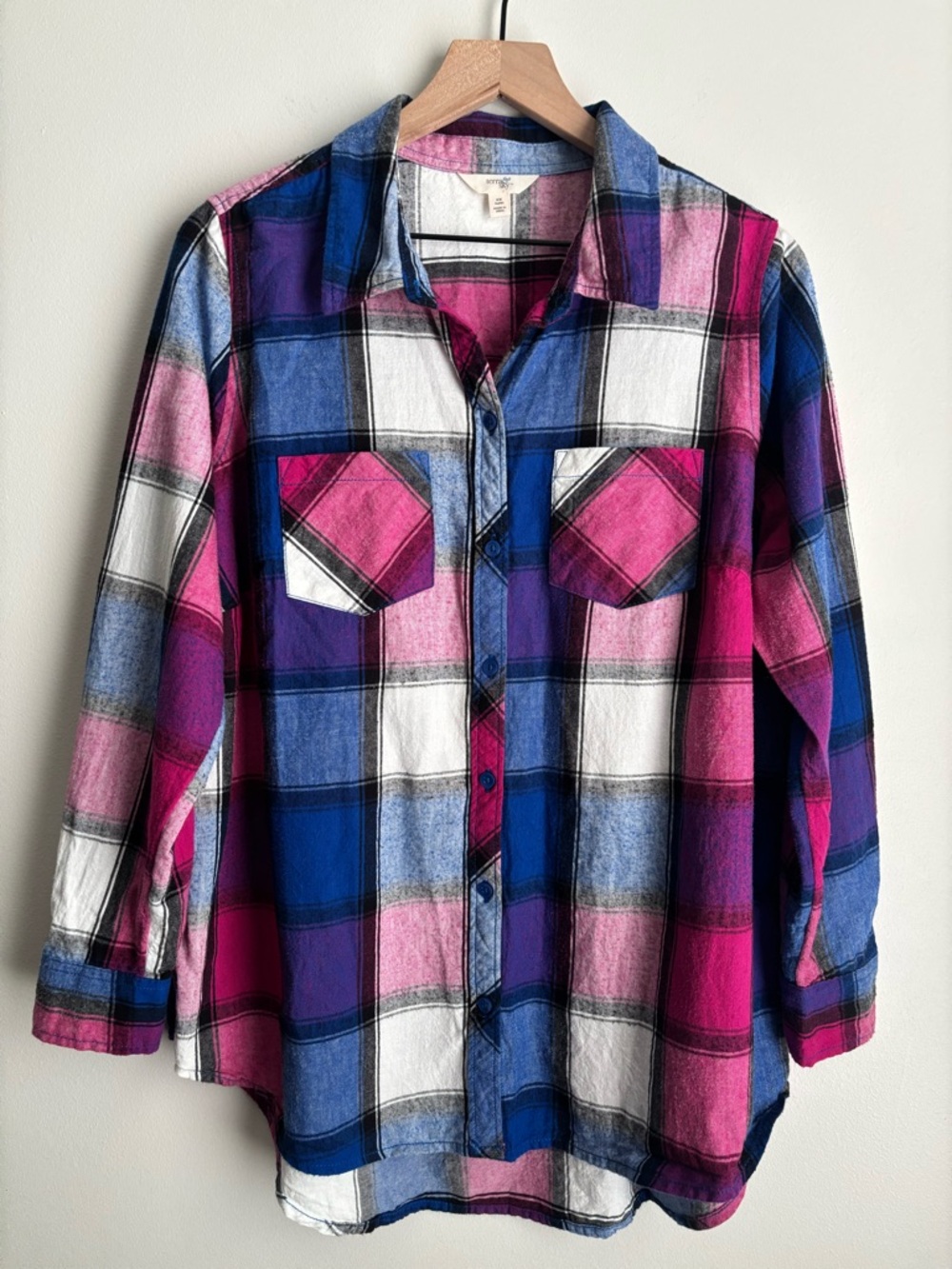 Terra & Sky Plaid Button Down Shirt 14W Pink Blue Flannel Lightweight Plus Size